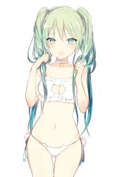 Rule 34 | 1girl, :o, aqua eyes, aqua hair, bad id, bad tumblr id, bandeau, bell, blush, bra, breasts, cat cutout, cat ear panties, cat lingerie, cleavage, cleavage cutout, clothing cutout, collarbone, cowboy shot, eyebrows, hair between eyes, hatsune miku, jewelry, jingle bell, lingerie, long hair, looking at viewer, lpip, meme attire, midriff, navel, open mouth, panties, pendant, ribbon, side-tie panties, sidelocks, simple background, small breasts, solo, standing, stomach, thigh gap, twintails, underwear, very long hair, vocaloid, white background, white bra, white ribbon