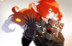 Rule 34 | 1boy, black gloves, closed mouth, collared jacket, diluc (genshin impact), genshin impact, glove pull, gloves, hair between eyes, highres, jacket, long hair, long sleeves, looking to the side, male focus, necktie, ponytail, red eyes, red hair, sakotach, simple background, white background