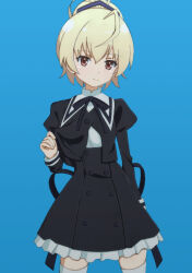 Rule 34 | 1girl, ahoge, andou tazusa, arm at side, assault lily, black ribbon, black skirt, blonde hair, blue background, buttons, closed mouth, commentary request, cowboy shot, cropped jacket, frilled skirt, frills, hand under clothes, hand up, high-waist skirt, high ponytail, juliet sleeves, li@ (rikku04), long sleeves, looking at viewer, miniskirt, neck ribbon, ponytail, puffy sleeves, purple ribbon, red eyes, ribbon, school uniform, shirt, short hair, simple background, skirt, solo, striped ribbon, thighhighs, white shirt, white thighhighs, yurigaoka girls academy school uniform
