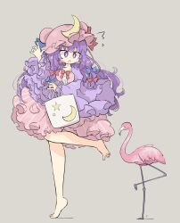 Rule 34 | 1girl, bag, barefoot, bird, blue bow, blush, bow, check commentary, commentary request, crescent, crescent hat ornament, dress, flamingo, grey background, hair bow, hat, hat bow, hat ornament, highres, holding, holding bag, long hair, mob cap, open mouth, patchouli knowledge, pink dress, pink hat, primsla, purple eyes, purple hair, red bow, simple background, solo, touhou, white bag