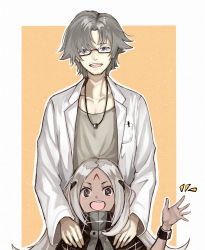 Rule 34 | 1boy, 1girl, blue eyes, brown eyes, dark skin, elisa (girls&#039; frontline), facial hair, facial mark, father and daughter, girls&#039; frontline, glasses, grey hair, hand on another&#039;s shoulder, highres, jewelry, lab coat, looking at viewer, lycoris (girls&#039; frontline), numazume, ring, short hair, smile, stubble, waving