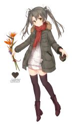 Rule 34 | 1girl, black thighhighs, boots, box, brown footwear, character name, coat, cross-laced footwear, flower, fringe trim, full body, fur-trimmed coat, fur trim, gift, gift box, green eyes, green hair, grey coat, hair ribbon, heart-shaped box, highres, holding, holding gift, kantai collection, lace-up boots, long hair, long sleeves, malachite, purple flower, red scarf, ribbon, scarf, simple background, smile, solo, sweater, thighhighs, twintails, white background, white ribbon, white sweater, zuikaku (kancolle)