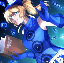 Rule 34 | 1girl, alternate costume, artist name, artist request, ayase eli, bare shoulders, blonde hair, blue dress, blue eyes, blue gloves, blue hat, blue skirt, blush, book, breasts, buttons, card, cosplay, crossover, dress, elizabeth (persona), elizabeth (persona) (cosplay), female focus, floating, floating object, gloves, hair between eyes, hat, high ponytail, highres, holding, holding book, long hair, looking at viewer, love live!, love live! school idol project, medium breasts, miniskirt, parted lips, peaked cap, persona, persona 3, plaid, plaid dress, plaid skirt, pleated, pleated dress, pleated skirt, ponytail, short hair, sideboob, skirt, sleeveless, sleeveless dress, smile, solo, teeth, velvet room