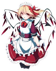 Rule 34 | 1girl, alternate costume, apron, bikini, black thighhighs, blonde hair, corset, demon girl, demon tail, enmaided, flandre scarlet, hair bobbles, hair ornament, highres, looking at viewer, maid, maid apron, maid headdress, pink eyes, puffy short sleeves, puffy sleeves, satou (3366 s), shirt, short sleeves, side-tie bikini bottom, side ponytail, simple background, skirt, solo, swimsuit, tail, thighhighs, touhou, white background, wings, wrist cuffs, zettai ryouiki