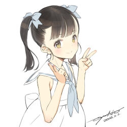 Rule 34 | 1girl, black hair, blush, bow, brown eyes, dated, double v, dress, hair bow, highres, looking at viewer, neckerchief, ooyari ashito, original, sailor collar, sailor dress, signature, simple background, sketch, smile, solo, twintails, upper body, v, white background, white dress