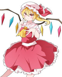 Rule 34 | 1girl, ascot, blonde hair, blush, breasts, closed mouth, collarbone, collared shirt, doko ni demo iru bakana shojo, feet out of frame, finger to cheek, flandre scarlet, frilled shirt collar, frilled skirt, frills, hair between eyes, hat, head tilt, highres, light smile, looking at viewer, medium hair, mob cap, multicolored wings, puffy short sleeves, puffy sleeves, red eyes, red ribbon, red skirt, red vest, ribbon, ribbon-trimmed headwear, ribbon trim, shirt, short sleeves, side ponytail, simple background, skirt, skirt set, small breasts, smile, solo, touhou, vest, white background, white hat, white shirt, wings, yellow ascot