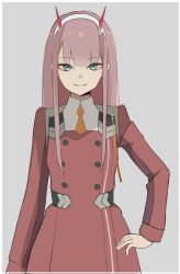 Rule 34 | 1girl, aqua eyes, blunt bangs, buttons, cowboy shot, darling in the franxx, dress, grey background, hairband, hand on own hip, highres, light smile, long hair, long sleeves, looking at viewer, mfy a, pink hair, red dress, sidelocks, simple background, solo, zero two (darling in the franxx)