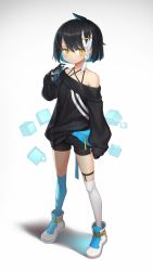 Rule 34 | 1girl, asymmetrical legwear, black hair, blue hair, braid, female focus, full body, gloves, highres, looking at viewer, mismatched legwear, mitake eil, multicolored hair, off-shoulder shirt, off shoulder, original, oversized clothes, oversized shirt, shirt, shoes, short shorts, shorts, simple background, single braid, sleeves past wrists, solo, standing, white background, white hair, yellow eyes