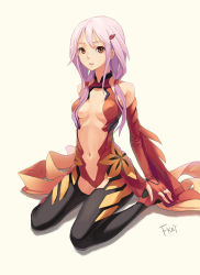 Rule 34 | 10s, 1girl, bare shoulders, black thighhighs, breasts, brown eyes, center opening, fingerless gloves, fkey, gloves, guilty crown, hair ornament, hairclip, highres, long hair, nail polish, navel, pink hair, simple background, sitting, small breasts, solo, thighhighs, wariza, yuzuriha inori