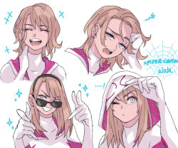 Rule 34 | 1girl, absurdres, artist name, blonde hair, blue eyes, curly hair, expressions, female focus, finger gun, grin, gwen stacy, highres, laughing, looking at viewer, looking over eyewear, looking over glasses, marvel, medium hair, one eye closed, open mouth, revision, short hair, simple background, smile, smirk, spider-gwen, spider-man: into the spider-verse, spider-man (series), spider-verse, straight hair, sunglasses, sushi pizza rrr, tinted eyewear, wink
