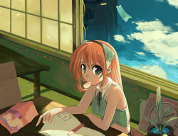Rule 34 | 1girl, absurdres, bare shoulders, book, bookmark, clock, cloud, green eyes, highres, long hair, looking at viewer, midriff, morii shizuki, mouth hold, original, plant, potted plant, red hair, shirt, shouji, sitting, sketch, sky, sleeveless, sleeveless shirt, sliding doors, solo, tatami, window