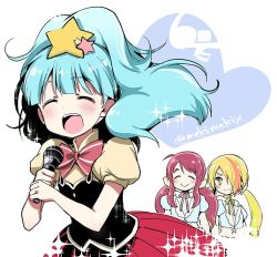 Rule 34 | 10s, 3girls, blonde hair, blue hair, blush, bow, bowtie, closed eyes, commentary request, facing another, hair over one eye, holding, holding microphone, hoshikawa lily, long hair, looking at another, mekimeki, microphone, minamoto sakura, multiple girls, nikaidou saki, open mouth, puffy short sleeves, puffy sleeves, red hair, red neckwear, red skirt, short sleeves, skirt, smile, sparkle, star (symbol), twintails, twitter username, upper body, yellow eyes, yellow neckwear, zombie land saga