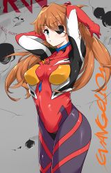 Rule 34 | 1girl, absurdres, aoi renji, blue eyes, bodysuit, brown hair, commentary request, copyright name, cowboy shot, evangelion: 3.0 you can (not) redo, eyepatch, highres, long hair, looking at viewer, neon genesis evangelion, plugsuit, rebuild of evangelion, red bodysuit, solo, souryuu asuka langley, title, two side up, wide hips