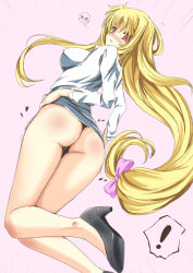 Rule 34 | !, &gt; &lt;, 00s, 1girl, ass, blonde hair, blush, bow, breasts, closed eyes, colorized, covered erect nipples, fate testarossa, grey background, hair bow, high heels, hoshino sora, legs, long hair, looking at viewer, looking back, low-tied long hair, lyrical nanoha, mahou shoujo lyrical nanoha, mahou shoujo lyrical nanoha strikers, panties, red eyes, shoes, simple background, solo, thong, underwear