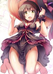 Rule 34 | 10s, 1girl, ahoge, armband, barefoot, black dress, black hair, blush, bow, breasts, cleavage, collar, dress, fang, feathers, feet, food-themed hair ornament, frilled cuffs, hair between eyes, hair ornament, hat, heart, holding, holding hat, idolmaster, idolmaster cinderella girls, kohinata miho, legs, looking at viewer, medium breasts, ment, open mouth, pumpkin hair ornament, ribbon, short hair, smile, solo, thighs, witch hat, yellow eyes