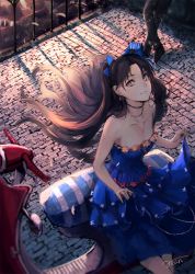 Rule 34 | 1girl, alternate costume, artist name, bare shoulders, blue bow, blue dress, bow, breasts, brown eyes, closed mouth, collarbone, crossed legs, dress, evening, fate/grand order, fate (series), floating hair, hair bow, highres, holding, holding clothes, holding dress, ishtar (fate), long hair, looking at viewer, motor vehicle, official alternate costume, out of frame, outdoors, parted bangs, rean (r ean), scooter, signature, sitting, small breasts, smile, solo focus, standing, tohsaka rin, town, two side up, wind