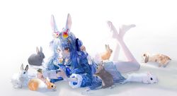 Rule 34 | 1girl, animal ears, barefoot, blue hair, blue jacket, carrot hair ornament, choker, double bun, drinking straw, drinking straw in mouth, eyewear on head, feet, food-themed hair ornament, fur-trimmed jacket, fur trim, hair bun, hair ornament, hair ribbon, highres, hololive, jacket, juice box, lying, neckerchief, nintendo switch, on stomach, orange eyes, pleated skirt, quasarcake, rabbit, rabbit ears, rabbit girl, rabbit tail, ribbon, sailor collar, sidelocks, simple background, skirt, soles, solo, sunglasses, tail, the pose, thick eyebrows, toes, usada pekora, usada pekora (casual), virtual youtuber, white background