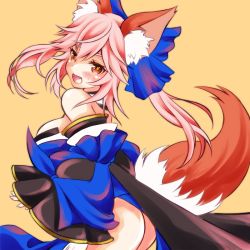 Rule 34 | 1girl, :d, animal ears, ass, bad id, bad pixiv id, bare shoulders, blue ribbon, blush, cowboy shot, detached sleeves, fate/grand order, fate (series), fox ears, fox tail, from side, hair ribbon, japanese clothes, kimono, long hair, long sleeves, looking at viewer, looking to the side, obi, off shoulder, open mouth, pelvic curtain, pink hair, ribbon, sash, sheepd, smile, solo, tail, tamamo (fate), tamamo no mae (fate/extra), twintails, wide sleeves, yellow eyes