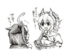 Rule 34 | 2girls, ahoge, animal ears, basket, character request, check character, clenched hand, cloak, cropped torso, eye contact, flying sweatdrops, greyscale, holding, holding basket, hood, hood up, hooded cloak, horse ears, little red riding hood, looking at another, mame nabe donko, meisho doto (umamusume), monochrome, multiple girls, open mouth, ponytail, shirt, short hair, short sleeves, smile, taiki shuttle (umamusume), teeth, translation request, umamusume, upper body