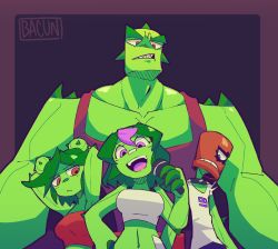 Rule 34 | 2boys, 2girls, :d, artist name, bacun, band, breasts, cactus boy, cactus girl, camisole, cob (bacun), colored skin, commentary, english commentary, green hair, green skin, highres, holding, holding microphone, june (bacun), looking at viewer, medium breasts, microphone, monster boy, monster girl, multiple boys, multiple girls, muscular, muscular male, navel, open mouth, orange camisole, orange eyes, original, pink eyes, plant boy, plant girl, purple background, purple eyes, rebutia (bacun), shirt, smile, spike (bacun), tank top, upper body, white camisole, white shirt