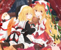 Rule 34 | 2girls, alternate costume, black sailor collar, blonde hair, christmas, crystal wings, flandre scarlet, full body, hat, hat ribbon, highres, long hair, looking at viewer, multiple girls, one eye closed, open mouth, red eyes, red ribbon, ribbon, rumia, sabatuki, sailor collar, santa hat, side ponytail, sitting, snowing, stuffed animal, stuffed toy, teddy bear, tongue, tongue out, touhou, wariza, white rabbit (animal)