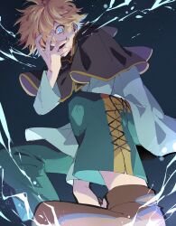 Rule 34 | 1boy, black capelet, black clover, blonde hair, blue eyes, capelet, commentary, electricity, electrokinesis, green pants, green shirt, hand on own face, highres, long sleeves, looking at viewer, luck voltia, male focus, naughty face, nekoma hikaru, pants, shirt, smile, solo, symbol-only commentary
