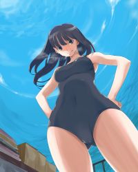 Rule 34 | 1girl, amagami, ayatsuji tsukasa, black eyes, black hair, blue sky, covered navel, day, from below, hands on own hips, hekeniko, long hair, looking down, one-piece swimsuit, sky, smile, solo, steam, swimsuit