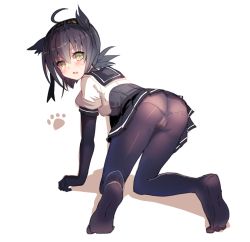 Rule 34 | 10s, 1girl, :d, ahoge, all fours, ass, bad id, bad pixiv id, black gloves, black hair, black pantyhose, black skirt, blush, cameltoe, cis (carcharias), clothes writing, from behind, gloves, hairband, hatsuzuki (kancolle), kantai collection, looking at viewer, looking back, low ponytail, miniskirt, no shoes, open mouth, panties, panties under pantyhose, pantyhose, pantyshot, parted lips, paw print, pleated skirt, pointy hair, shadow, short sleeves, simple background, skirt, smile, soles, solo, underwear, upskirt, white background, yellow eyes
