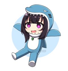 Rule 34 | 1girl, :d, animal costume, architect (girls&#039; frontline), black hair, blue background, blush, chibi, commission, fang, full body, girls&#039; frontline, looking at viewer, open mouth, outstretched arms, purple eyes, rynzfrancis, shark costume, sidelocks, smile, solo, spread arms, twitter username, two-tone background, v-shaped eyebrows, watermark, whistle, whistle around neck, white background