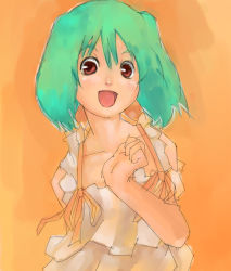 Rule 34 | 00s, 1girl, :d, bad id, bad pixiv id, bare shoulders, blush, collarbone, dress, green hair, looking at viewer, macross, macross frontier, open mouth, ranka lee, red eyes, short hair, smile, solo, upper body, yellow dress