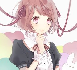 Rule 34 | 1girl, black shirt, blush, bow, brown hair, center frills, collarbone, commentary, frills, hachimitsu honey, hair bow, hand up, heart, highres, looking at viewer, neck ribbon, open mouth, original, pink eyes, puffy short sleeves, puffy sleeves, red ribbon, ribbon, shirt, short hair, short sleeves, solo, striped, striped bow, symbol-only commentary, upper body, wrist cuffs