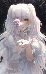 Rule 34 | 1girl, blush, breasts, daby, dress, flower, flower eyepatch, flower over eye, hand on own chin, highres, jewelry, kirakishou, long hair, looking at viewer, medium breasts, parted lips, ring, rozen maiden, silk, silver hair, smile, solo, spider web, symbol-only commentary, upper body, very long hair, white dress, wide sleeves, yellow eyes