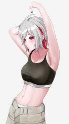 Rule 34 | 1girl, absurdres, ahoge, armpits, arms up, bare arms, bare shoulders, blush, breasts, commentary request, cowboy shot, crop top, grey background, grey hair, grey pants, highres, medium breasts, midriff, multicolored hair, navel, open fly, original, panic (panic0w), pants, red eyes, red hair, short hair, simple background, solo, sports bra, standing, stomach, streaked hair