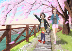 Rule 34 | 2girls, absurdres, ahoge, animal ears, arm up, black hair, black jacket, blue jacket, blurry, blurry foreground, brown hair, brown shorts, carrot print, casual, cherry blossoms, child, collarbone, commentary request, ear ornament, falling petals, fence, flower in eye, food print, gold hairband, hairband, harayama (mambition), highres, holding hands, horse ears, horse girl, horse tail, jacket, kitasan black (umamusume), long hair, long sleeves, multicolored hair, multiple girls, name connection, object namesake, official alternate costume, petals, pink eyes, pink footwear, pink shorts, pointing, print shirt, purple thighhighs, red eyes, red footwear, river, sakura bakushin o (umamusume), shirt, shorts, sidelocks, streaked hair, symbol in eye, t-shirt, tail, thighhighs, track jacket, tree, two-tone hair, umamusume, very long hair, walking, white hair