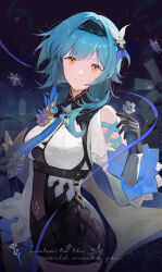 Rule 34 | 1girl, absurdres, black gloves, black hairband, blue cape, blue hair, blue necktie, breasts, cape, chest harness, clothing cutout, cowboy shot, cursive, dark background, double-parted bangs, english text, eula (genshin impact), flower, from side, genshin impact, gloves, hair ornament, hairband, hand up, harness, high-waist shorts, highres, holding, holding flower, light smile, long sleeves, looking at viewer, medium breasts, medium hair, necktie, orange eyes, see-through cutout, shorts, shoulder cutout, sidelocks, snowflakes, solo, song of broken pines (genshin impact), tolu ya, two-tone gloves, vision (genshin impact), white sleeves, wide sleeves