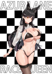 Rule 34 | 1girl, absurdres, animal ears, atago (azur lane), atago (stunning speedster) (azur lane), azur lane, bikini, black bikini, black thighhighs, breasts, checkered background, cleavage, cowboy shot, extra ears, highres, large breasts, mole, mole under eye, noazzark, race queen, ribbon, shrug (clothing), solo, standing, swimsuit, thighhighs, two-tone bikini, white ribbon, wolf ears, wrist cuffs