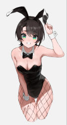 Rule 34 | 1girl, absurdres, alternate costume, animal ears, aqua eyes, bare shoulders, black bow, black bowtie, black hair, black leotard, bow, bowtie, breasts, cleavage, cropped legs, detached collar, fake animal ears, fishnet pantyhose, fishnets, grin, hand on headwear, highres, hololive, leaning forward, leotard, looking at viewer, medium breasts, oozora subaru, pantyhose, playboy bunny, rabbit ears, short hair, simple background, smile, solo, strapless, strapless leotard, swept bangs, takita (takita3411), thigh gap, virtual youtuber, white background, wrist cuffs