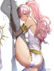 Rule 34 | 1girl, absurdres, armlet, ass, back, blush, breasts, dancer, embarrassed, fire emblem, fire emblem awakening, fire emblem heroes, flexible, hairband, highres, jewelry, leg hold, leg lift, leg up, leotard, looking at viewer, medium breasts, nintendo, nose blush, olivia (fire emblem), pink hair, ponytail, purple eyes, ritence, simple background, solo, split, standing, standing on one leg, standing split, stretching, sweat, thighs, wavy mouth, white background, white leotard