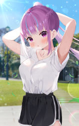 Rule 34 | 1girl, absurdres, ahoge, arm up, black shorts, blue hair, blunt bangs, blush, braid, breasts, collarbone, dolphin shorts, french braid, highres, hololive, large breasts, long hair, looking at viewer, minato aqua, multicolored hair, open mouth, ponytail, purple eyes, purple hair, shirt, shorts, solo, streaked hair, two-tone hair, virtual youtuber, wet, white shirt, yamamoto (ymmt is sexy)