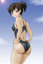 Rule 34 | 00s, 1girl, :3, ass, blush, brown eyes, brown hair, competition swimsuit, from behind, ga-rei, ga-rei zero, hands on own hips, looking back, one-piece swimsuit, orion, orion (baranomitsu), ponytail, short hair, smile, solo, swimsuit, yanase chizuru