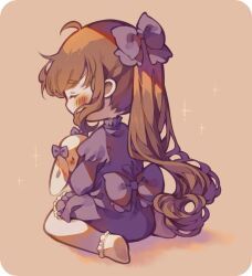 Rule 34 | 1girl, animal, animal ears, back bow, blue bow, blue dress, blush, blush stickers, bow, brown background, brown hair, chibi, closed eyes, commentary, dress, english commentary, eyelashes, floppy ears, frilled socks, frills, from behind, hair bow, highres, holding, holding animal, holding rabbit, juliet sleeves, kneeling, lace, lace-trimmed dress, lace trim, littlebluemuffin, long hair, long sleeves, original, painttool sai (medium), photoshop (medium), ponytail, puffy sleeves, rabbit, rabbit ears, shading eyes, short dress, socks, sparkle, very long hair, white socks