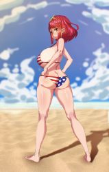 Rule 34 | 1girl, absurdres, american flag bikini, american flag print, ass, bare shoulders, beach, bikini, blue sky, blush, breasts, butt crack, closed mouth, cloud, flag print, highres, jewelry, large breasts, looking at viewer, looking back, makinakid, ocean, print bikini, pyra (xenoblade), red eyes, red hair, sand, short hair, sideboob, sky, smile, solo, swimsuit, thick thighs, thighs, tiara, water, xenoblade chronicles (series), xenoblade chronicles 2