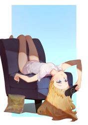 Rule 34 | 1girl, 3four, barefoot, blonde hair, blue eyes, chair, chips (food), eating, food, gabriel dropout, gabriel tenma white, handheld game console, long hair, lying, playstation portable, potato chips, shirt, short sleeves, simple background, solo, t-shirt, upside-down, white shirt