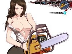 Rule 34 | 1girl, belt, blush, bracelet, breasts, brown eyes, brown hair, capcom, chainsaw, cleavage, dead rising, dead rising 2, death is 13, dress shirt, female focus, image sample, jewelry, large breasts, long hair, miniskirt, no bra, open clothes, open shirt, pixiv sample, power drill, power tool, rebecca chang, shirt, skirt, solo, unbuttoned, white background, white shirt