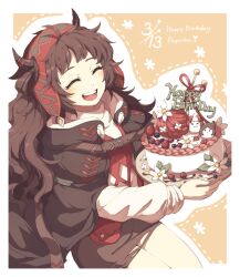 Rule 34 | 1girl, :d, arknights, birthday cake, black capelet, black skirt, blush, border, brown hair, cake, capelet, closed eyes, dated, detached hood, dot nose, food, from side, happy birthday, holding, holding plate, hood, horns, lari lab, legs together, long hair, miniskirt, open mouth, paprika (arknights), pencil skirt, plate, red hood, red shirt, shirt, sitting, skirt, smile, solo, teeth, thighs, upper teeth only, wavy hair, white border