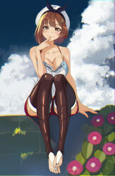 Rule 34 | 1girl, atelier (series), atelier ryza, atelier ryza 1, breasts, bridal legwear, brown hair, cleavage, cloud, finger to mouth, flower, highres, index finger raised, large breasts, looking at viewer, nstch root a, red shorts, reisalin stout, short hair, shorts, sitting, smile, solo, thighhighs, white headwear