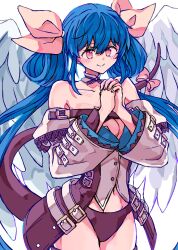 Rule 34 | 1girl, absurdres, angel wings, asymmetrical wings, bare shoulders, belt, black panties, blue hair, blush, breasts, cleavage, closed mouth, detached collar, detached sleeves, dizzy (guilty gear), groin, guilty gear, guilty gear xrd, hair ribbon, hair rings, highres, ktknpdy, large breasts, midriff, monster girl, navel, off shoulder, own hands together, panties, red eyes, ribbon, showgirl skirt, sidelocks, simple background, skirt, smile, solo, tail, tail ornament, tail ribbon, thighs, twintails, underwear, white background, wide sleeves, wings, yellow ribbon