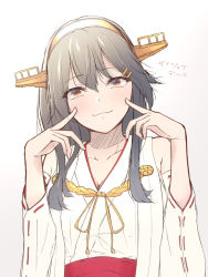 Rule 34 | 1girl, bare shoulders, brown eyes, detached sleeves, finger to cheek, grey hair, hair ornament, hairclip, haruna (kancolle), headgear, kantai collection, kotatsu (uraom0te), long hair, looking at viewer, nontraditional miko, simple background, solo, upper body, white background