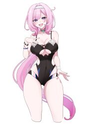 Rule 34 | absurdres, alternate costume, black one-piece swimsuit, blue eyes, blush, breasts, cleavage, cleavage cutout, clothing cutout, commentary request, cropped legs, elysia (honkai impact), hairband, highres, honkai (series), honkai impact 3rd, large breasts, long hair, looking at viewer, one-piece swimsuit, open mouth, pink hair, pink pupils, pointy ears, qing231, simple background, smile, swimsuit, teeth, upper teeth only, very long hair, white background, white hairband