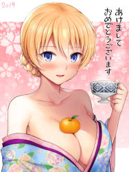 Rule 34 | 10s, 1girl, :d, alternate costume, bare shoulders, blonde hair, blue eyes, blue kimono, braid, breasts, chacharan, cleavage, collarbone, commentary request, cup, darjeeling (girls und panzer), floral background, floral print, food, food on body, food on breasts, fruit, girls und panzer, highres, holding, holding cup, japanese clothes, kimono, kimono pull, large breasts, mandarin orange, off shoulder, open mouth, oppai mochi, orange (fruit), pink background, short hair, smile, solo, teacup, translation request, upper body